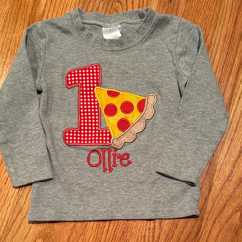 Gray Kids Shirt with Pizza and Number Design
